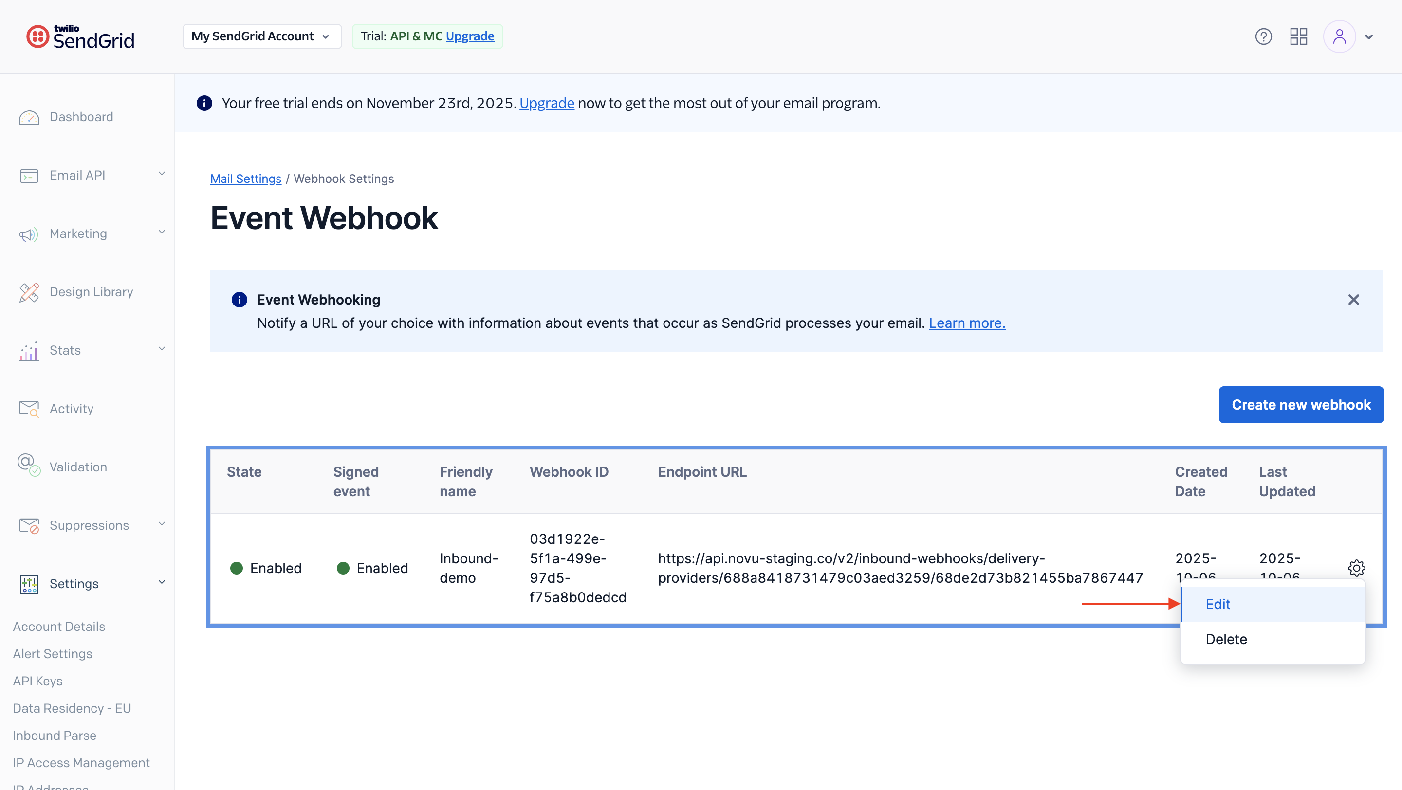 Add new event webhook